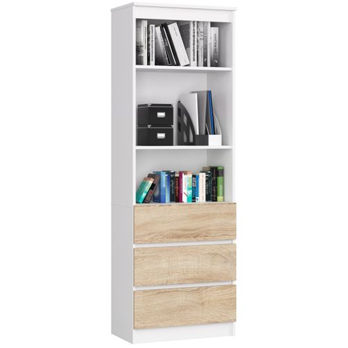 Bibliothèque De Bureau R60 Blanche 60 Cm 3 Tiroirs Façade Chêne Sonoma 3 Étagères 60x35x180 Cm