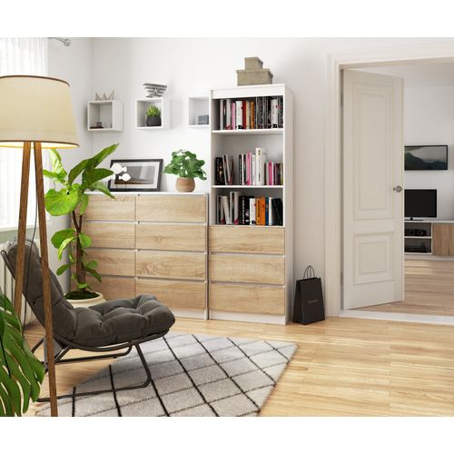 Bibliothèque De Bureau R60 Blanche 60 Cm 3 Tiroirs Façade Chêne Sonoma 3 Étagères 60x35x180 Cm