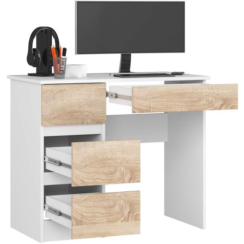 Bureau D'ordinateur Gauche A7 Blanc 90 Cm 4 Tiroirs Façade Chêne Sonoma 90x50x77 Cm