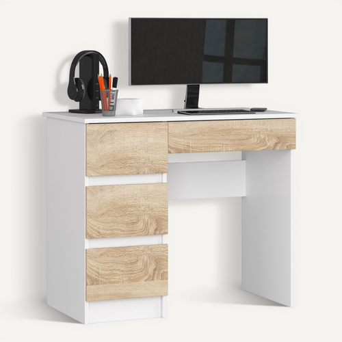 Bureau D'ordinateur Gauche A7 Blanc 90 Cm 4 Tiroirs Façade Chêne Sonoma 90x50x77 Cm