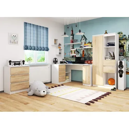 Grand Bureau D'angle Akord Gauche B20 Blanc 155 Cm 1 Porte 3 Tiroirs Façade Chêne Sonoma