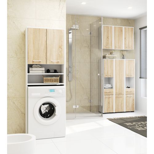 Colonne Salle De Bains Fin Blanche 30 Cm 2 Portes 1 Tiroir Façade Chêne Sonoma 5 Étagères 30x30x140