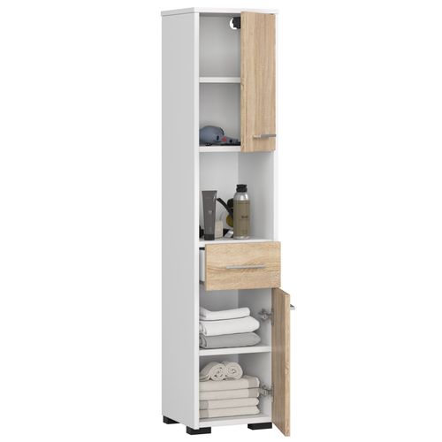 Colonne Salle De Bains Fin Blanche 30 Cm 2 Portes 1 Tiroir Façade Chêne Sonoma 5 Étagères 30x30x140