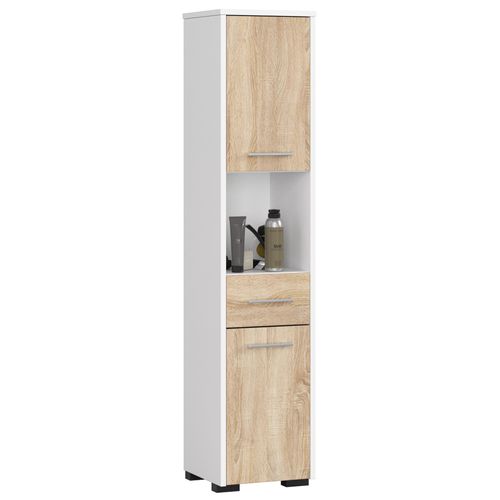 Colonne Salle De Bains Fin Blanche 30 Cm 2 Portes 1 Tiroir Façade Chêne Sonoma 5 Étagères 30x30x140