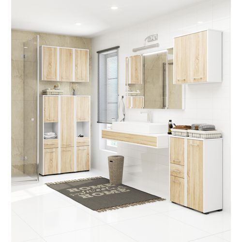 Colonne Salle De Bains Fin Blanche 30 Cm 2 Portes 1 Tiroir Façade Chêne Sonoma 5 Étagères 30x30x140