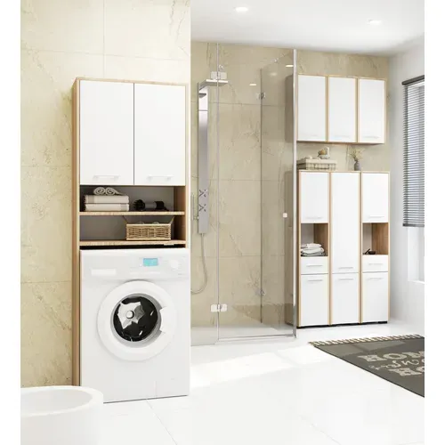 Armoire Salle De Bains Fin Accr. Au Mur Chêne Sonoma 60 Cm 2 Portes Façade Blanche 2 Étagères