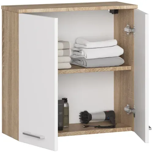 Armoire Salle De Bains Fin Accr. Au Mur Chêne Sonoma 60 Cm 2 Portes Façade Blanche 2 Étagères