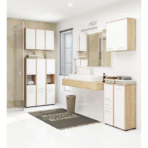 Armoire Salle De Bains Fin Accr. Au Mur Chêne Sonoma 60 Cm 2 Portes Façade Blanche 2 Étagères