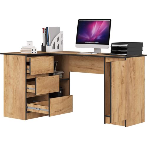 Grand Bureau D'angle Akord Gauche B20 Chêne Craft 155 Cm 1 Porte 3 Tiroirs Façade Chêne Craft
