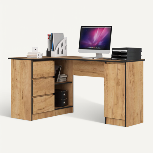 Grand Bureau D'angle Akord Gauche B20 Chêne Craft 155 Cm 1 Porte 3 Tiroirs Façade Chêne Craft