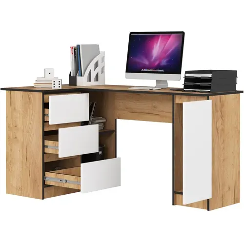 Grand Bureau D'angle Akord Gauche B20 Chêne Craft 155 Cm 1 Porte 3 Tiroirs Façade Blanche