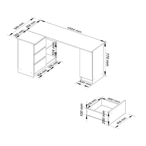 Grand Bureau D'angle Akord Gauche B20 Chêne Craft 155 Cm 1 Porte 3 Tiroirs Façade Blanche