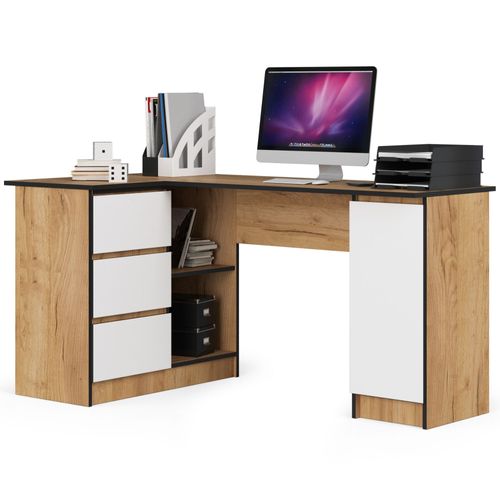 Grand Bureau D'angle Akord Gauche B20 Chêne Craft 155 Cm 1 Porte 3 Tiroirs Façade Blanche