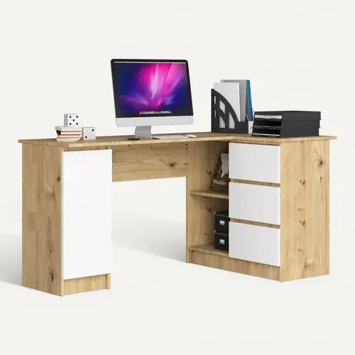 Grand Bureau D'angle Droit B20 Chêne Artisan 155 Cm 1 Porte 3 Tiroirs Façade Blanche