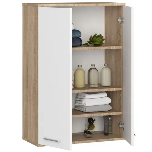 Armoire Salle De Bains Suspendue Fin Chêne Sonoma 64 Cm 2 Portes Pleine Blanche 64x30x94 Cm