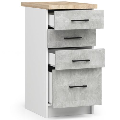 Meuble De Cuisine Bas S40 Oliwia Modulable Blanc 40 Cm 4 Tiroirs Façade Béton 40x46x85 Cm