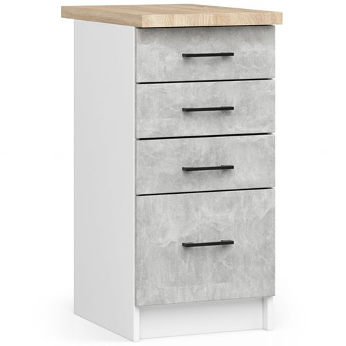Meuble De Cuisine Bas S40 Oliwia Modulable Blanc 40 Cm 4 Tiroirs Façade Béton 40x46x85 Cm
