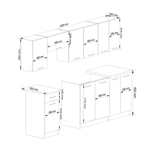 Ensemble De Cuisine Oliwia Blanc 240 Cm 11 Portes 1 Tiroir Façade Béton 240x46x203 Cm