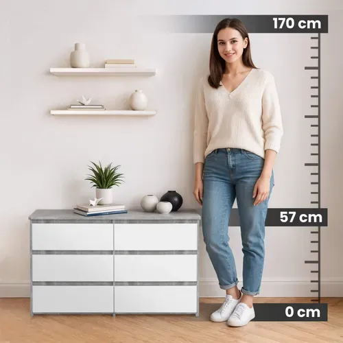 Petite Commode Cl100 Béton 100 Cm 6 Tiroirs Façade Blanche 100x35x57 Cm