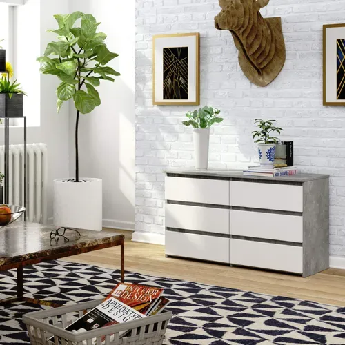 Petite Commode Cl100 Béton 100 Cm 6 Tiroirs Façade Blanche 100x35x57 Cm