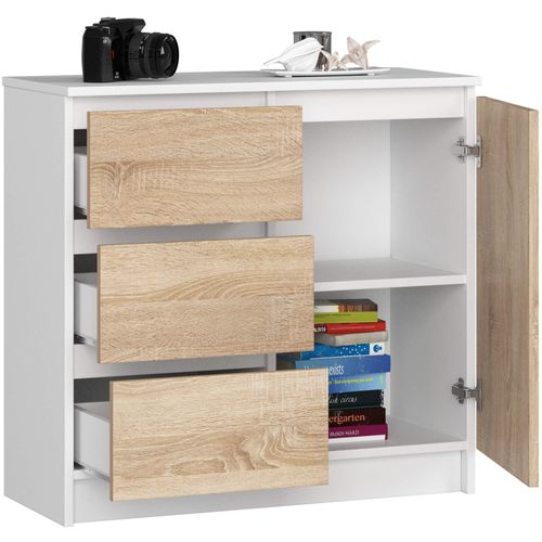 Commode Jerry Blanche 80 Cm 1 Porte 3 Tiroirs Façade Chêne Sonoma 2 étagères 80x35x77 Cm