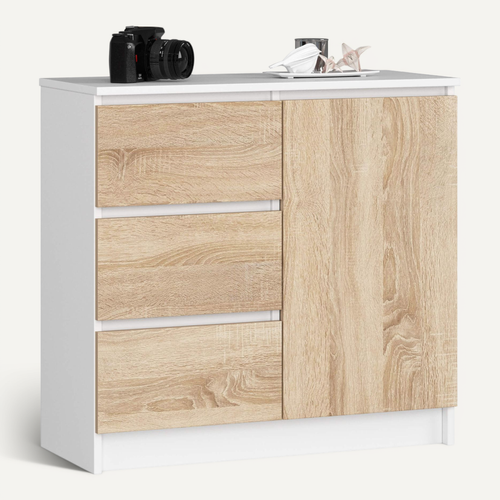 Commode Jerry Blanche 80 Cm 1 Porte 3 Tiroirs Façade Chêne Sonoma 2 étagères 80x35x77 Cm