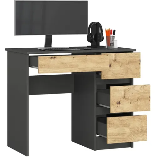 Bureau D'ordinateur Droit A7 Gris Graphite 90 Cm 4 Tiroirs Façade Chêne Artisan 90x50x77 Cm