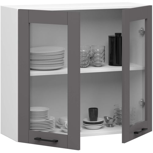 Vitrine De Cuisine Oliwia W80 H720 Blanche, Gris Graphite 2 Portes 2 Étagères 80x30,5x72 Cm