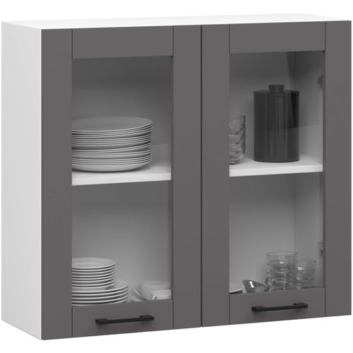 Vitrine De Cuisine Oliwia W80 H720 Blanche, Gris Graphite 2 Portes 2 Étagères 80x30,5x72 Cm