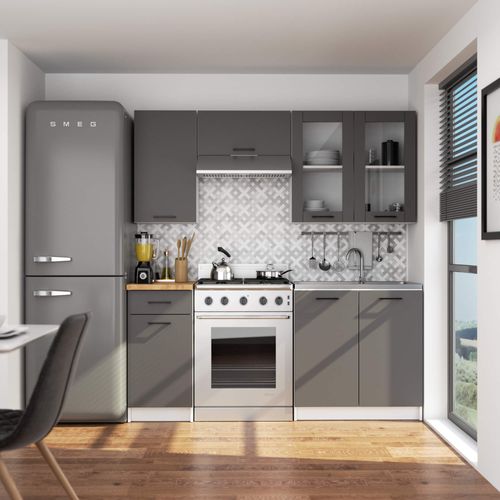 Vitrine De Cuisine Oliwia W80 H720 Blanche, Gris Graphite 2 Portes 2 Étagères 80x30,5x72 Cm