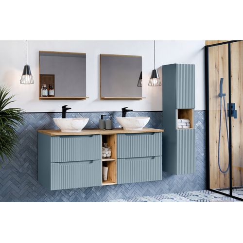Meuble Suspendu Sous Double Vasque Nova Denim 120 Cm Avec Plan En Chêne Casella – 4 Tiroirs