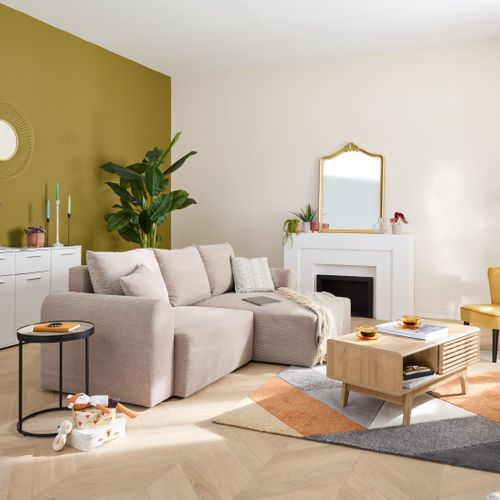 Canapé d'angle méridienne réversible JO tissu velours côtelé beige vue d'ambiance 1