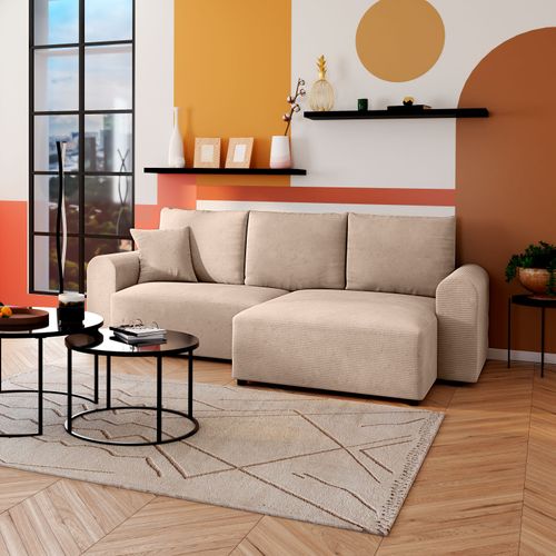Canapé d'angle méridienne réversible JO tissu velours côtelé beige