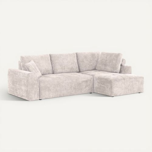 Canapé d'angle droit AUBE convertible tissu blanc cassé vue 3/4