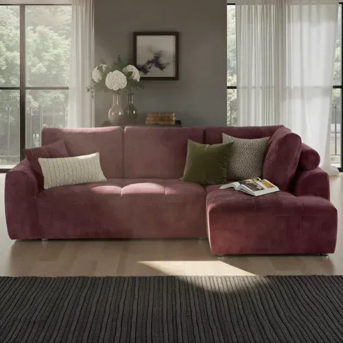 Canapé d'angle droit AUBE convertible tissu bordeaux vue d'ambiance 1