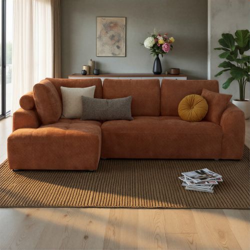 Canapé d'angle gauche AUBE convertible tissu terra cotta vue d'ambiance 1