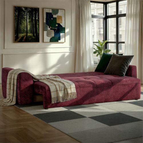 Canapé 3 places convertible AUBE tissu bordeaux vue d'ambiance 1