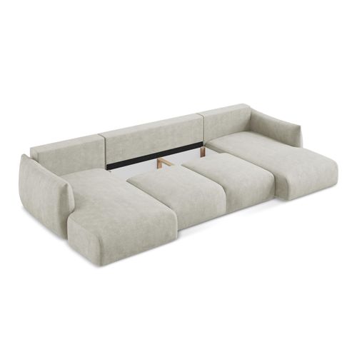 Canapé Panoramique 4 Places Convertible Leila En Tissu Chenille Perle