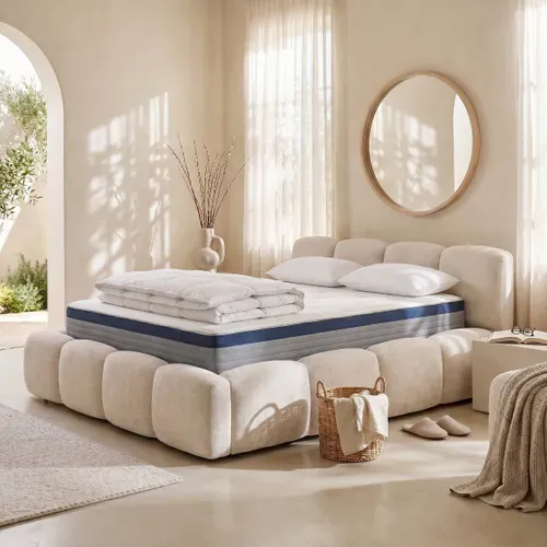 Lit coffre 140x190 cm effet bubble velours beige SAVELA vue d'ambiance 1