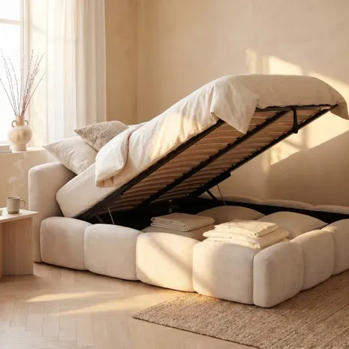 Lit coffre 140x190 cm effet bubble velours beige SAVELA