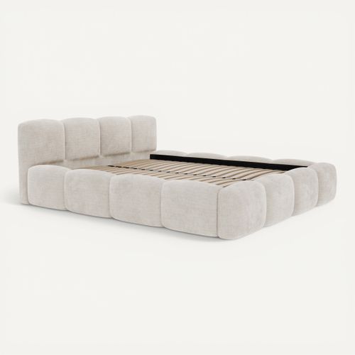 Lit coffre 140x190 cm effet bubble velours beige SAVELA vue 3/4