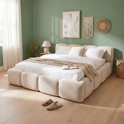Lit coffre 180x200 cm effet bubble velours beige SAVELA vue d'ambiance 1