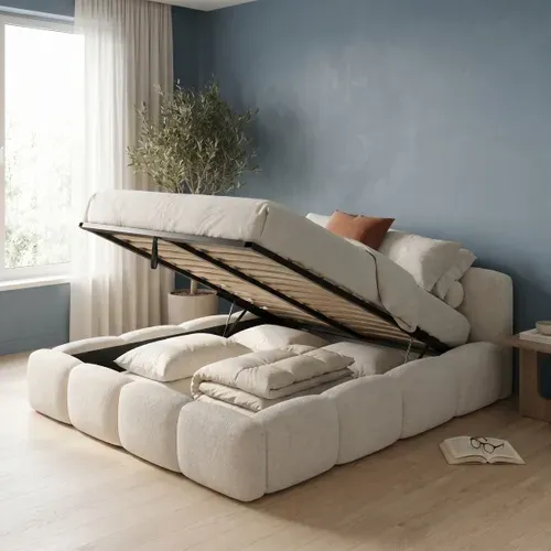Lit coffre 180x200 cm effet bubble velours beige SAVELA