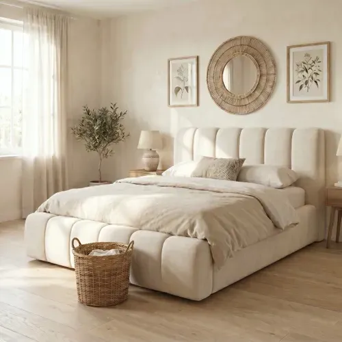 Lit coffre 180x200 cm velours beige ENOVIA vue d'ambiance 1