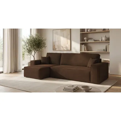 Canapé D'angle California Mini Gauche Marron Velours Côtelé Poso 6 Fonction Couchage