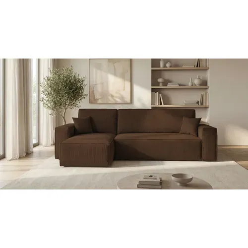 Canapé D'angle California Mini Gauche Marron Velours Côtelé Poso 6 Fonction Couchage