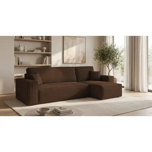 Canapé D'angle California Mini Droit Marron Velours Côtelé Poso 6 Fonction Couchage Coffre À Literie
