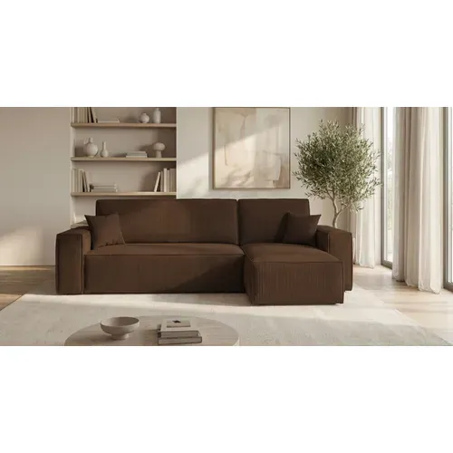 Canapé D'angle California Mini Droit Marron Velours Côtelé Poso 6 Fonction Couchage Coffre À Literie