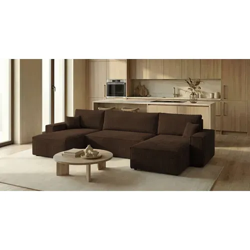 Canapé D'angle California Mini En U Marron Velours Côtelé Poso 6 Fonction Couchage Coffre À Literie
