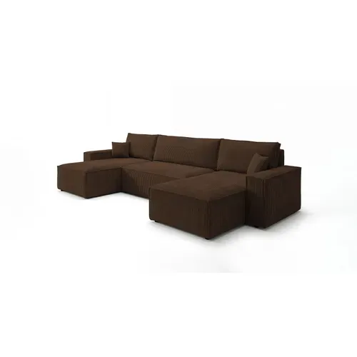 Canapé D'angle California Mini En U Marron Velours Côtelé Poso 6 Fonction Couchage Coffre À Literie